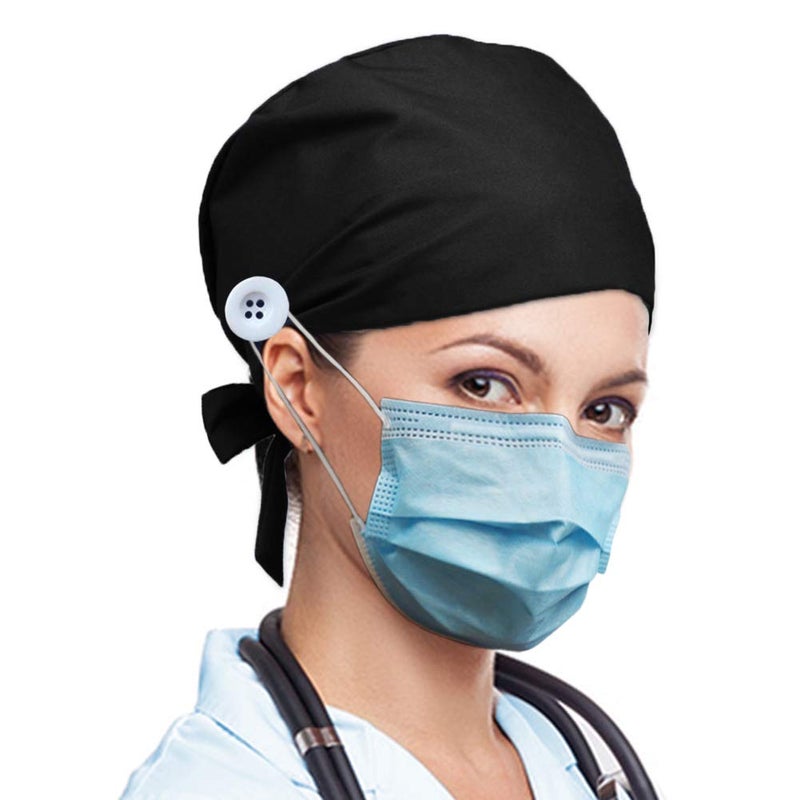 LUCKYBUNNY Gourd-Shaped Working Cap with Button, Adjustable Tie Back Hat Sweatband Hair Cover for Women Men, Multiple Color (Black) - Image 2